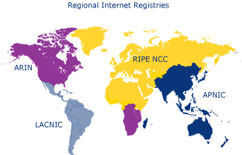 四个国际区域性IP地址管理机构所负责的区域
